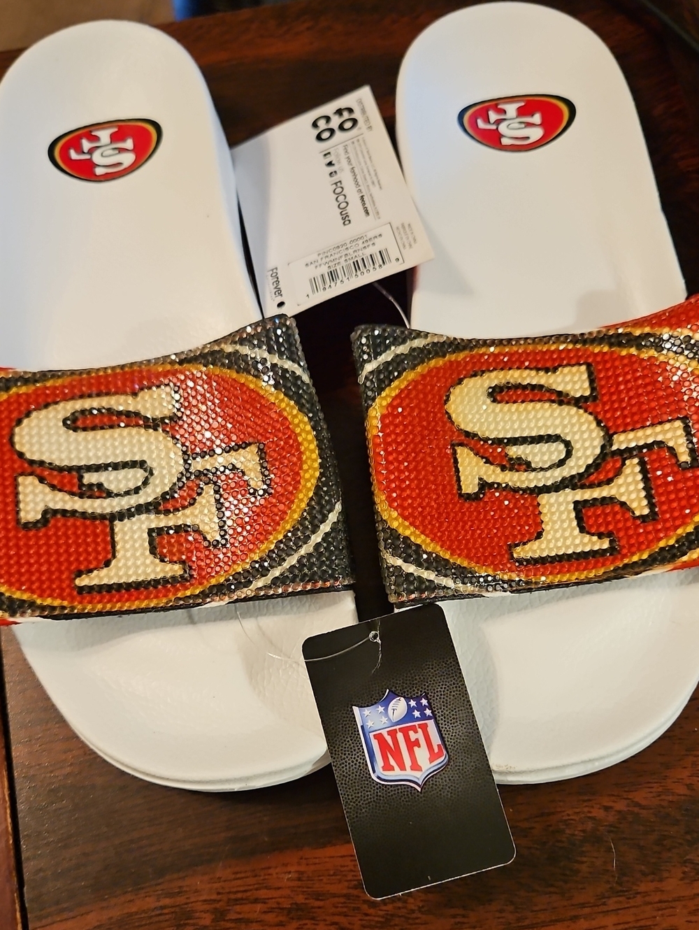 NFL White Slide Sandals with Red and Gold 49ers Logo